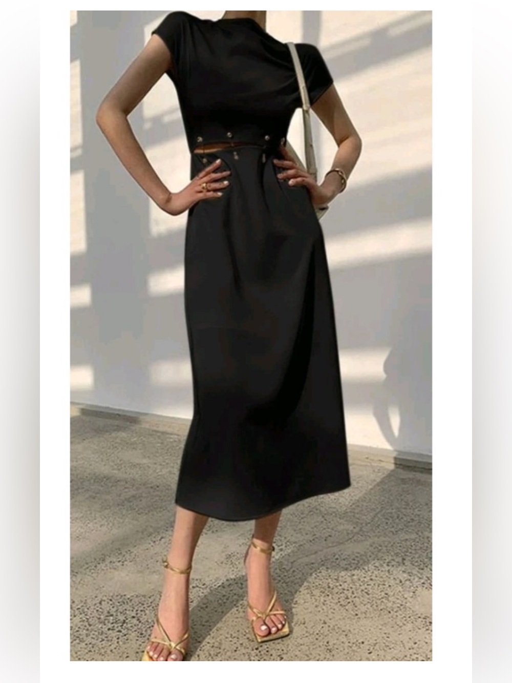 Commense Pierced Cutout Black Dress Gold Hardware NWT